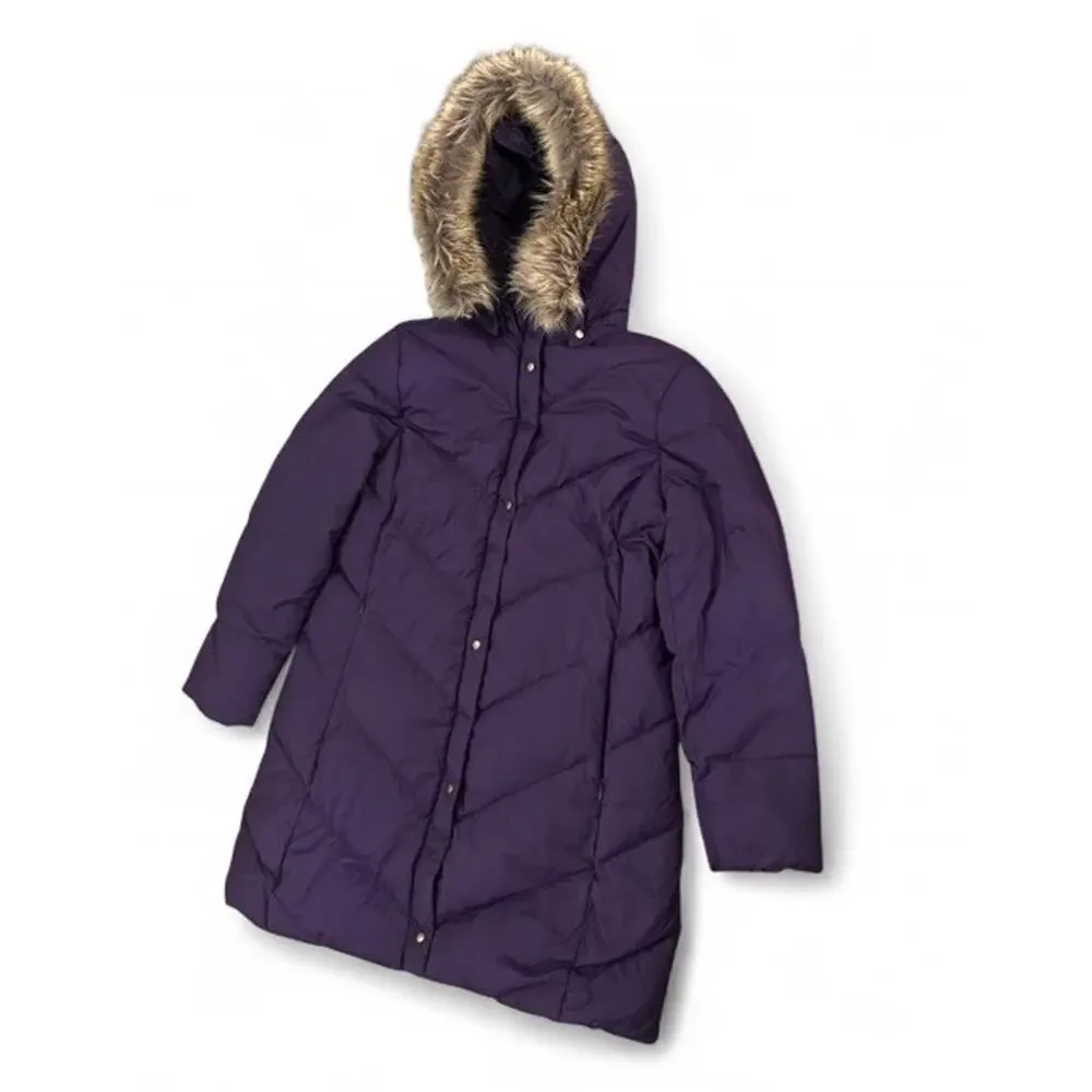 Land’s End Women’s Purple Down Puffer Jacket Faux Fur Hood Size P Med 10-12